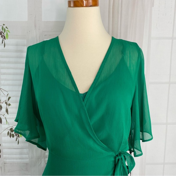 New Calvin Klein Dress 8 Chiffon Flutter Sleeve Green High-low Ruffle Faux Wrap - Picture 7 of 10
